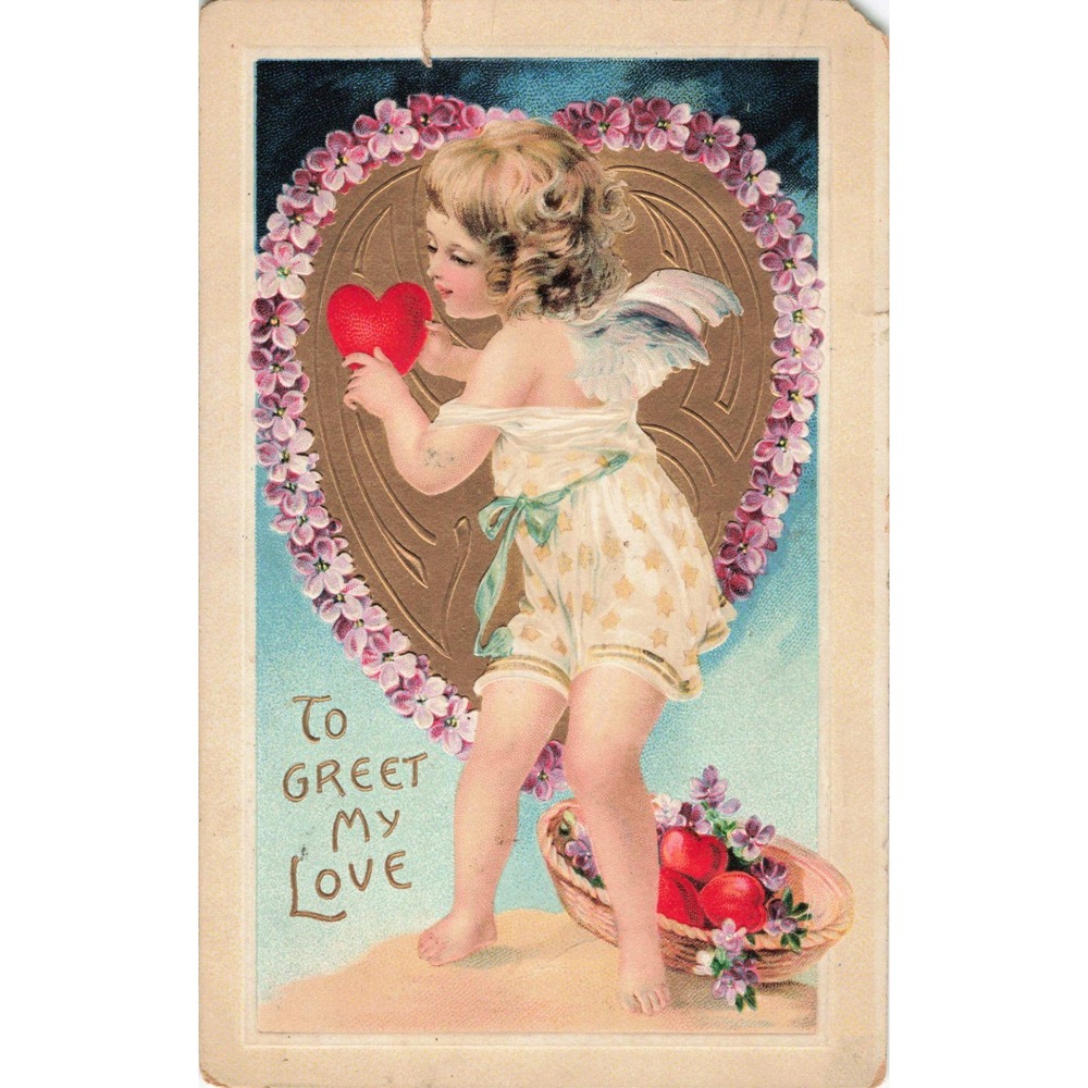 Antique 1908 Valentine Postcard Cherub Gold Embossed Heart Sheboygan WI Stamp - Picture 1 of 2